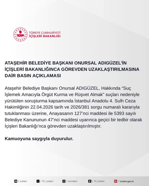 Ataşehir Belediye Başkanı Onursal Adıgüzel Görevden Uzaklaştırıldı