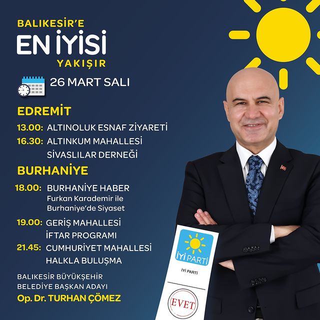 İyi Parti Milletvekili Turhan Çömez, Balıkesir'de Seçim 2024 stratejilerini paylaşmak için ziyaretlerde bulunacak