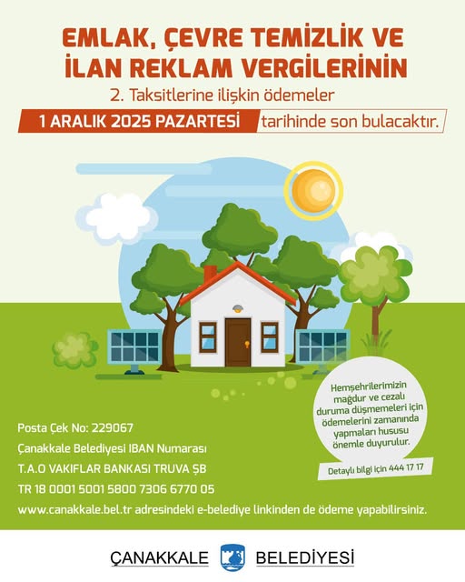 Çanakkale'de Emlak ve Çevre Vergisi İkinci Taksit Ödemeleri İçin Son Tarih 1 Aralık