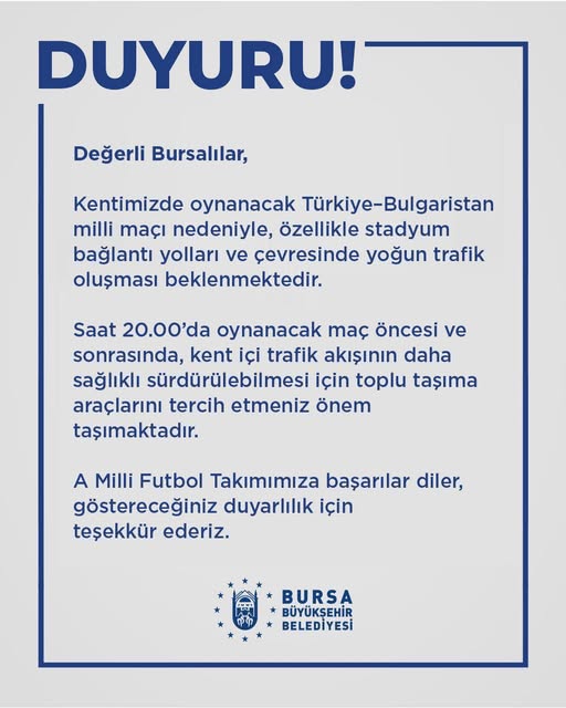 Bursa'da Milli Maç Öncesi Büyükşehir'den Toplu Taşıma Çağrısı