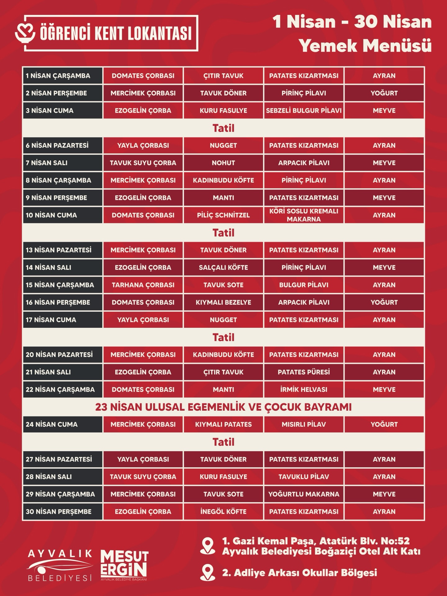 Ayvalık Öğrenci Lokantası Nisan Menüsü: 30 TL'ye Sağlıklı Öğle Yemeği