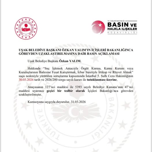 Uşak Belediye Başkanı Özkan Yalım Görevden Uzaklaştırıldı