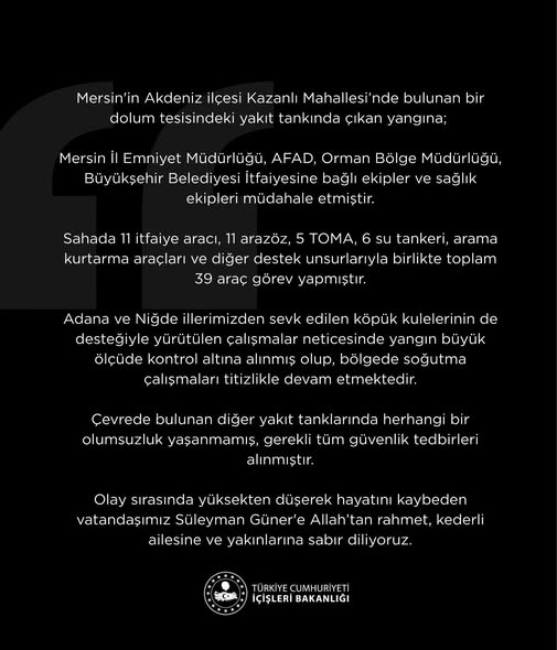 Mersin'deki Yakıt Tankı Yangını Kontrol Altına Alındı: 1 Can Kaybı