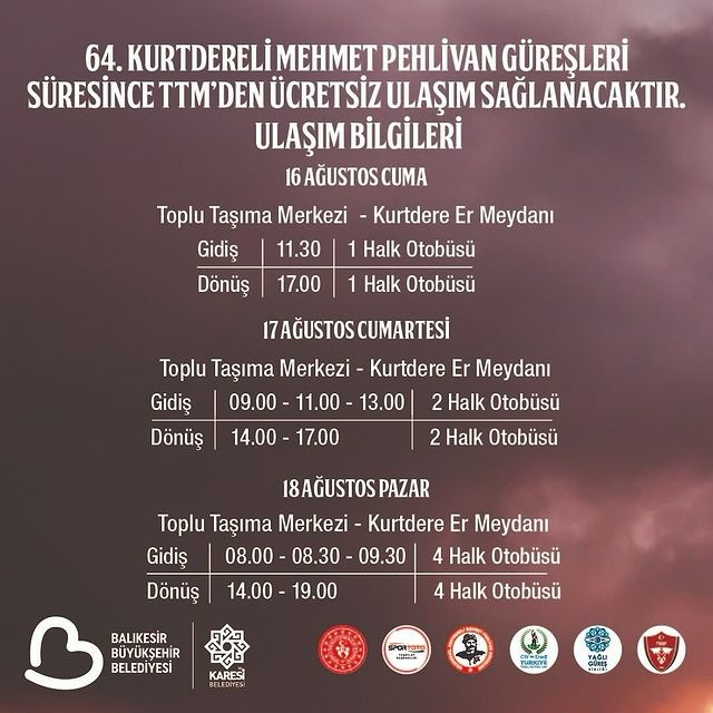 Balıkesir'de Güreş Etkinlikleri İçin Toplu Taşıma Ücretsiz Olacak