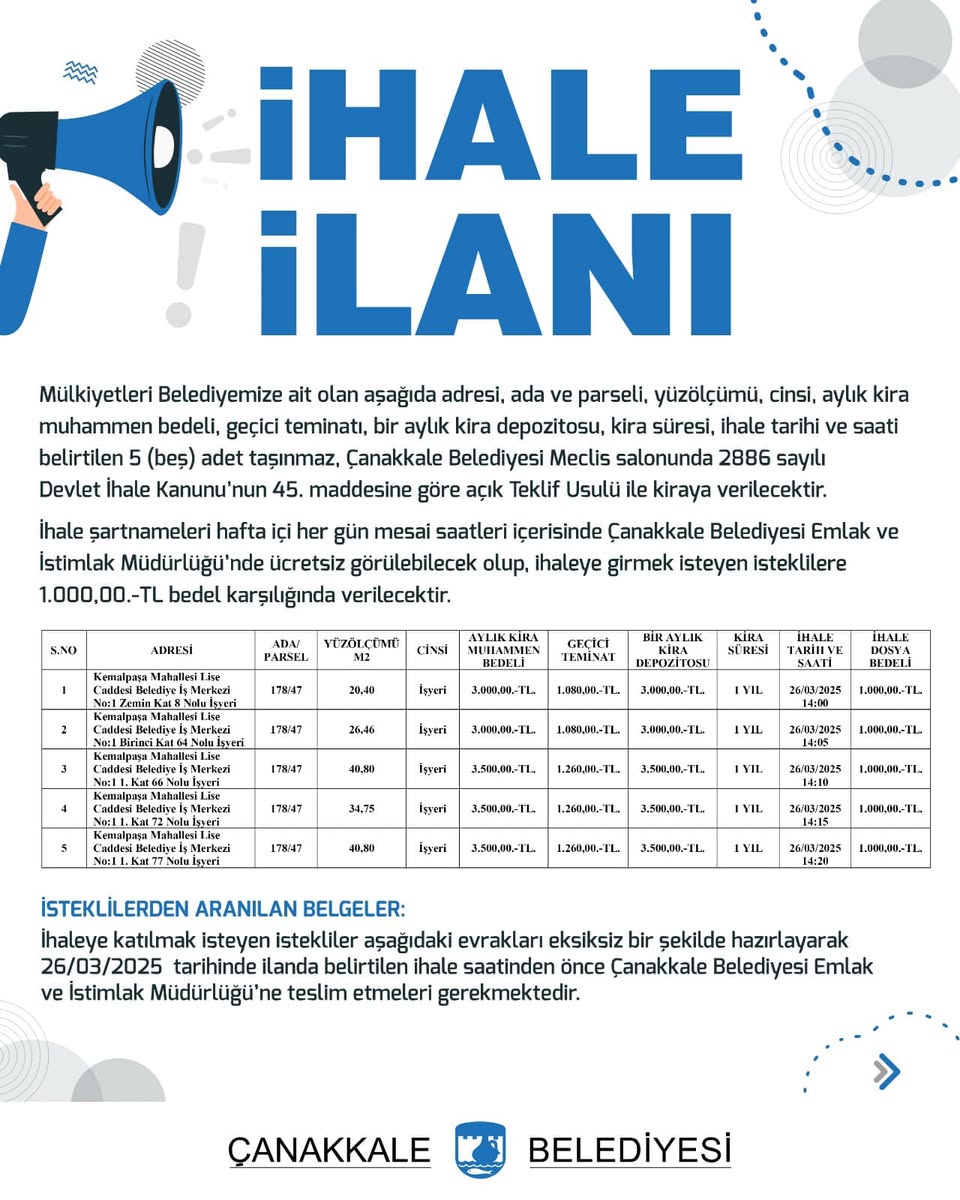 Çanakkale Belediyesi Taşınmaz Kiralama İhalesi