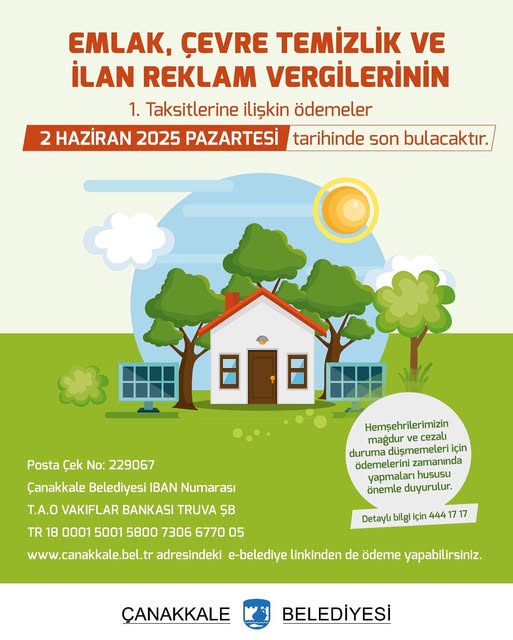 Çanakkale Belediyesi Emlak, Çevre, Temizlik Vergisi 1. Taksit Ödeme Süresi Yaklaşıyor