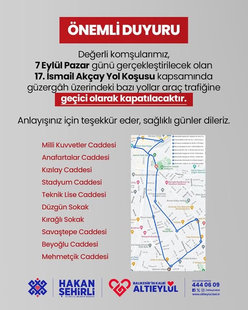 Altıeylül Belediyesi'nden 17. İsmail Akçay Yol Koşusu Trafik Düzenlemesi Açıklaması