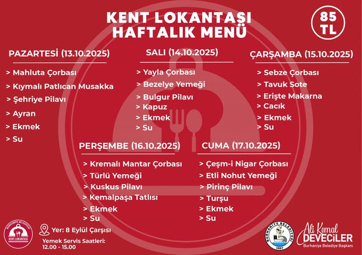 Burhaniye Belediyesi Kent Lokantası'nın 13-17 Ekim Haftalık Yemek Menüsü Açıklandı